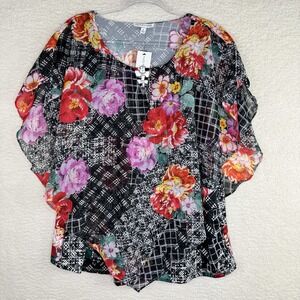 Notations Blouse Womens 1X Sheer Floral Tunic Top Flutter Sleeve Boho Ring Detai